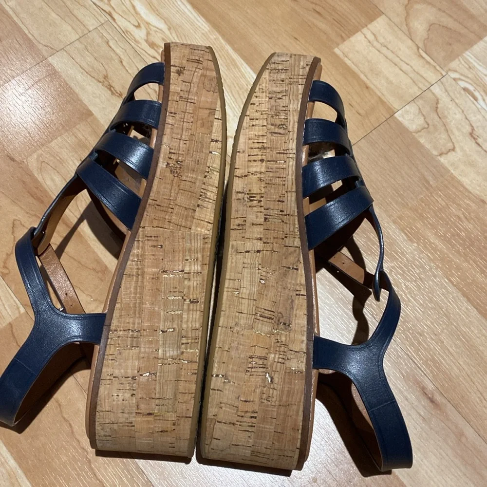 Coach Navy Leather Cork Wedge Sandals - Picture 4 of 7